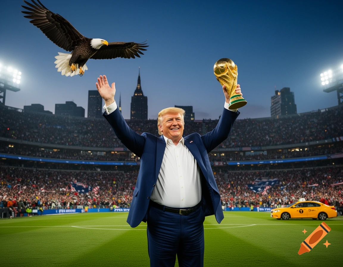 Donald Trump in a suit, arms raised in a stadium, holding a golden World Cup trophy, with a bald eagle flying above him and a yellow taxi in the background.