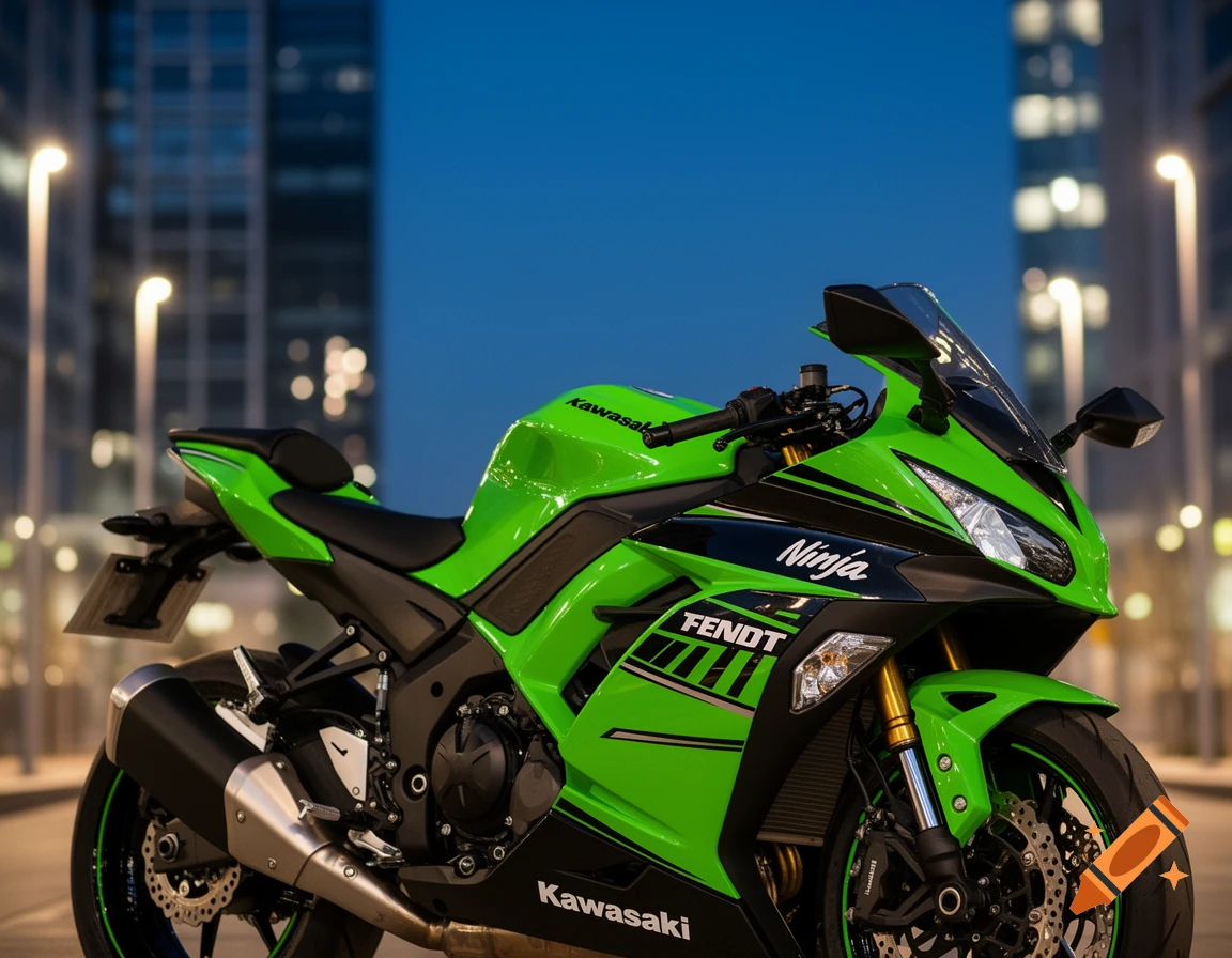 Vibrant green Kawasaki Ninja sportbike with Fendt branding parked on a city street at dusk, blurred buildings and streetlights in the background.