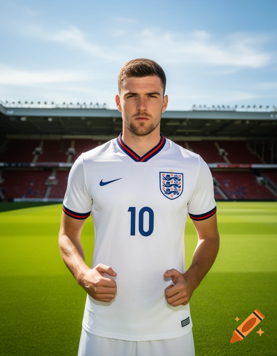 Photorealistic portrait of a man in a white England football shirt with number 10, standing on a green pitch with a stadium.