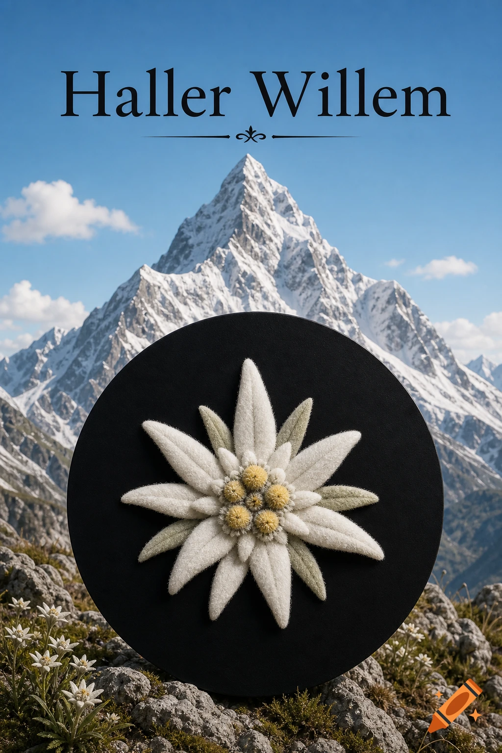 A photorealistic image showing a large white edelweiss flower on a black circle in the foreground, with a snow-capped mountain under a blue sky in the background. The text 'Haller Willem' is at the top.