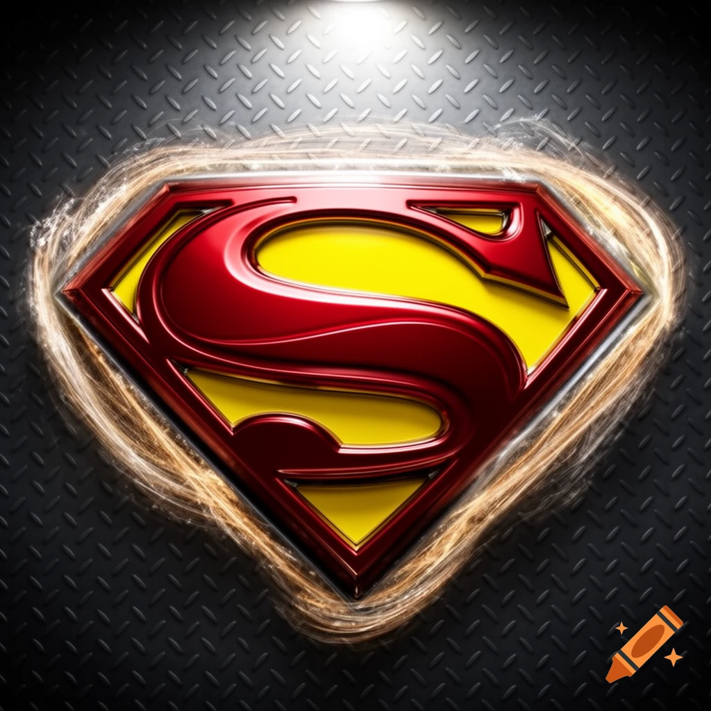 A glowing, metallic Superman 'S' shield in red and yellow on a dark, textured metal background.