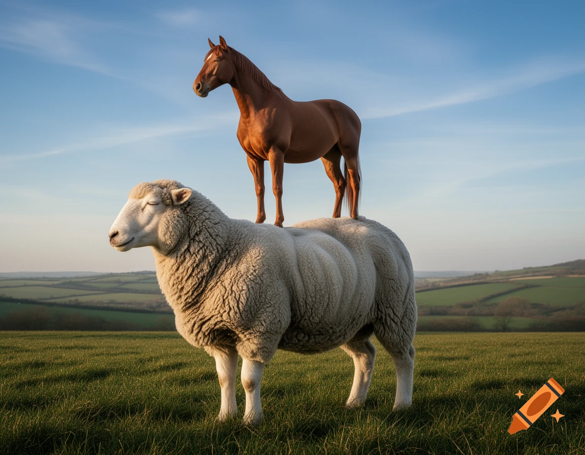 A brown horse stands on the back of a large white sheep in a green field under a clear blue sky.