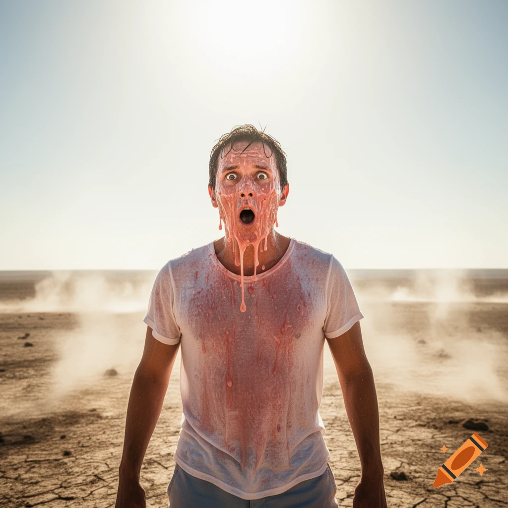 A man with a shocked expression, covered in a pink, melting substance, stands in a barren, sunny desert.