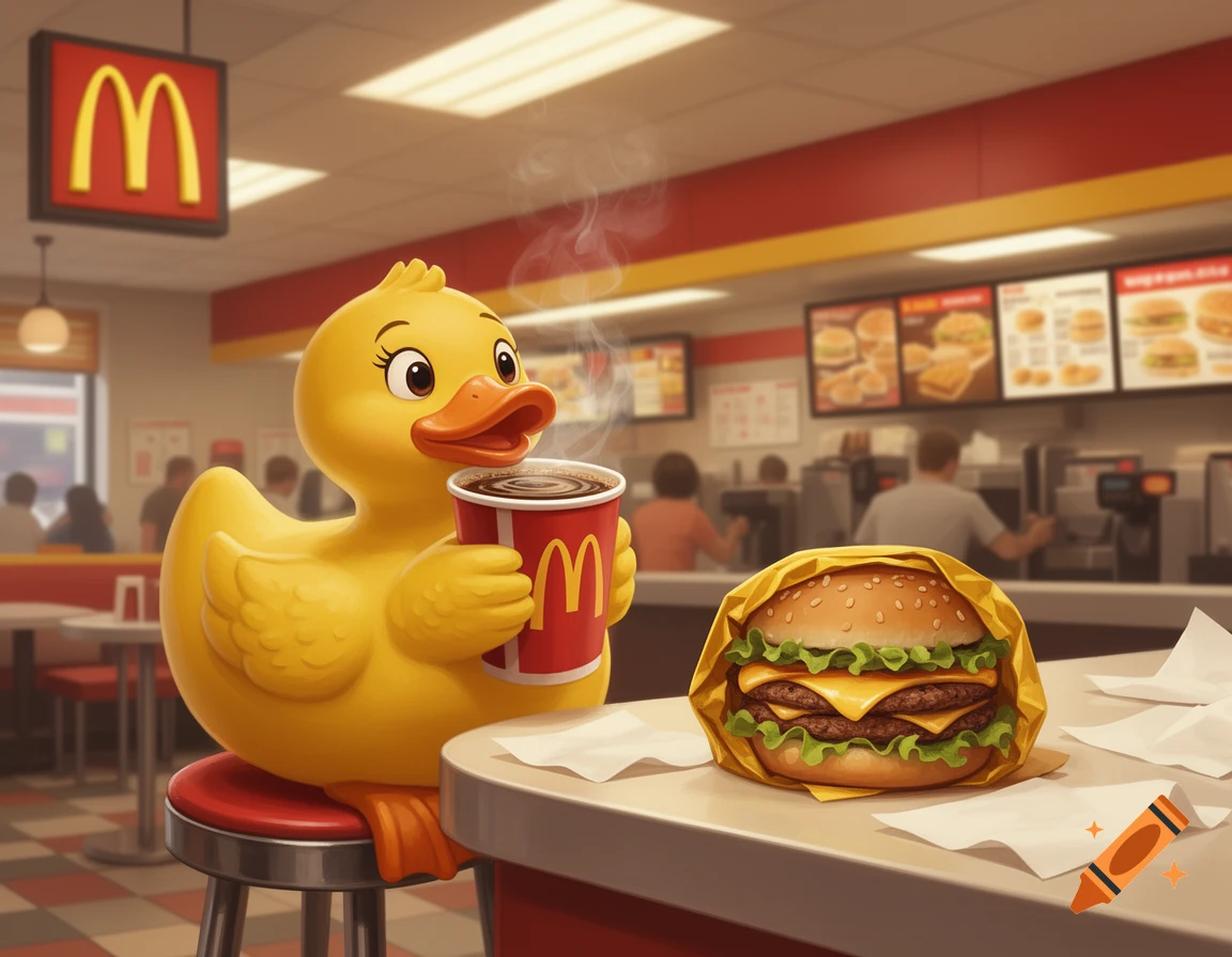A cartoon rubber duck with rosy cheeks sits on a stool in a McDonald's restaurant, holding a steaming coffee cup with the 'M' logo, next to a Big Mac burger on the counter.