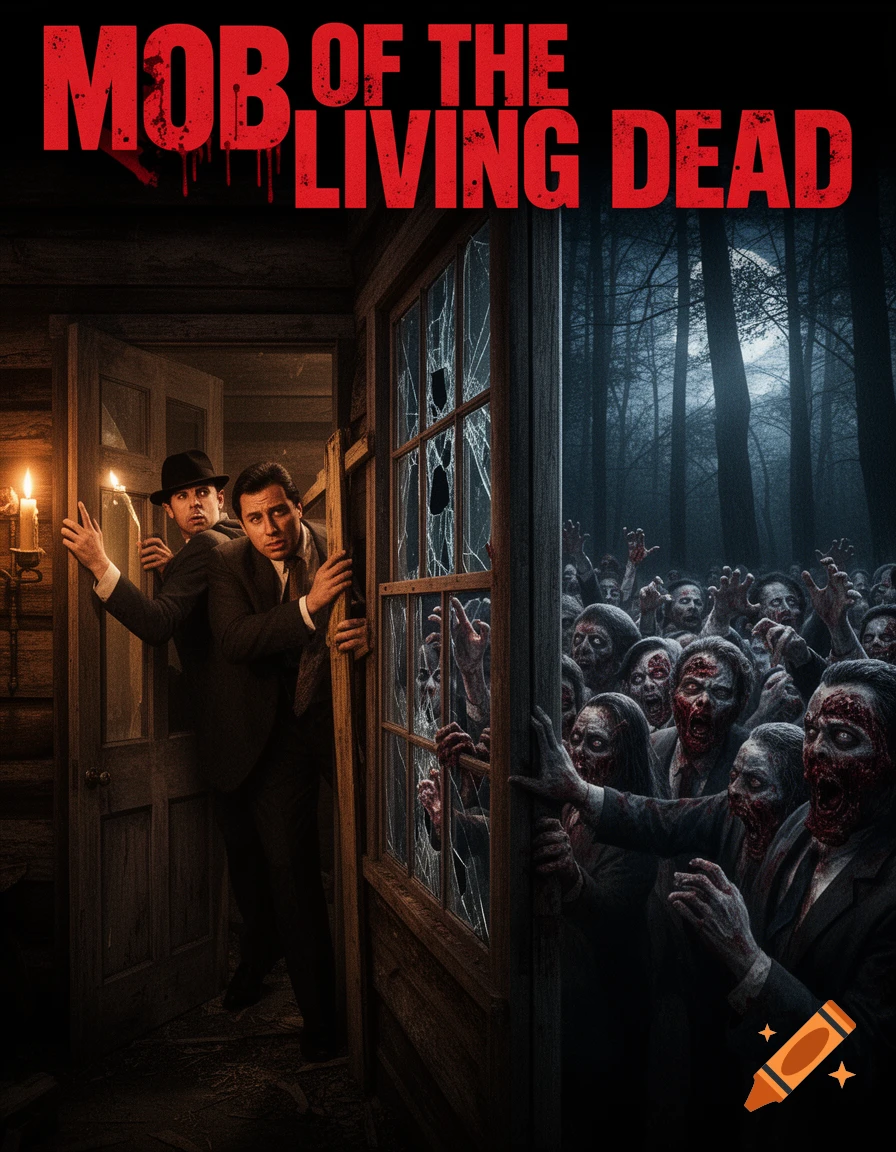 Movie poster for 'MOB OF THE LIVING DEAD' showing two men fending off a horde of zombies outside a rustic cabin at night.
