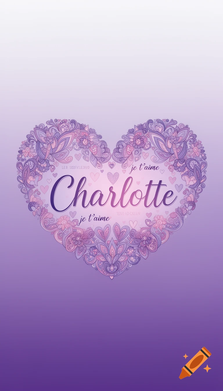 A heart shape composed of intricate purple and pink floral patterns on a gradient background. The name 'Charlotte' is centered, with 'je t'aime' above and below it.