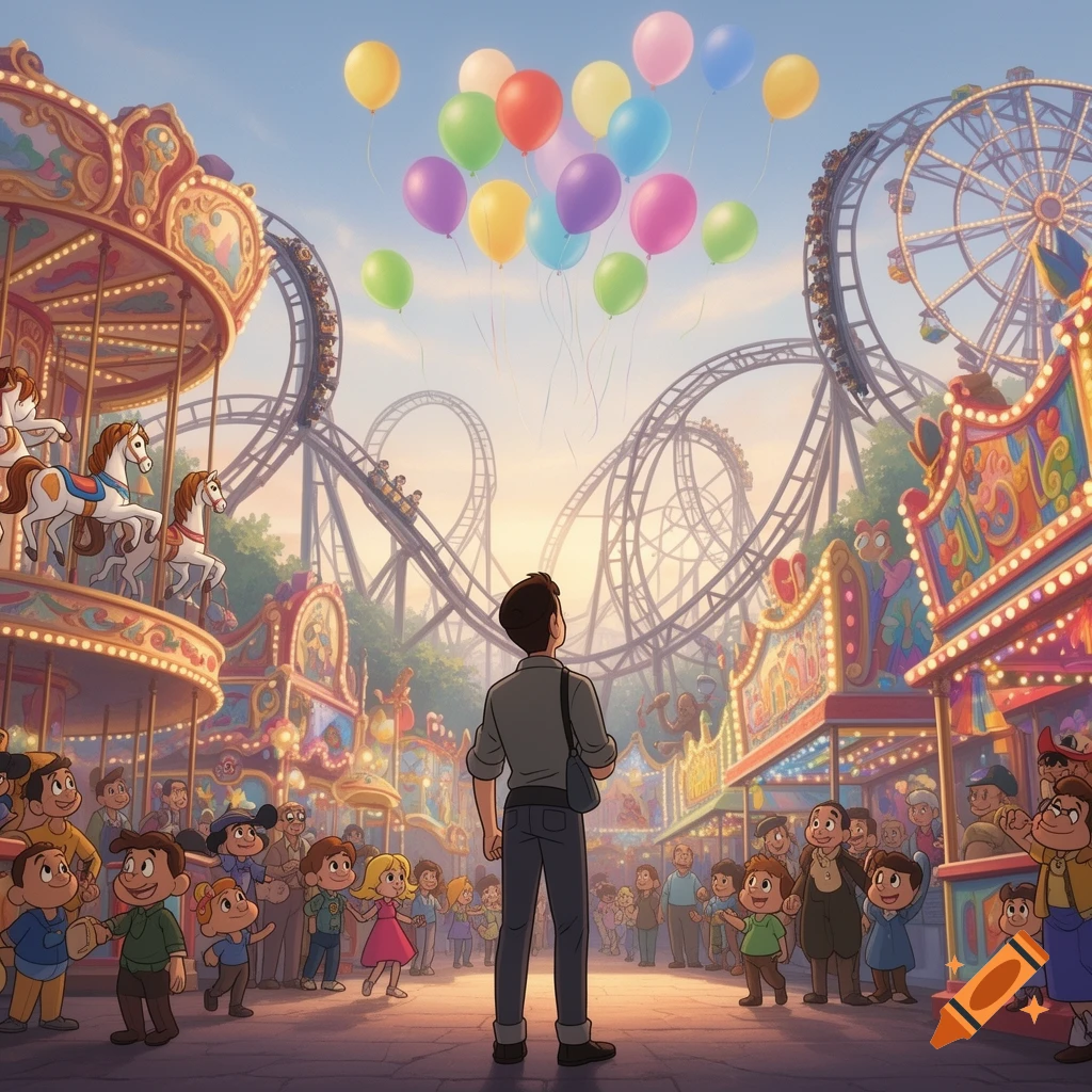 A cartoon man stands in a bustling theme park, looking up at colorful balloons floating over roller coasters, a carousel, and a Ferris wheel.