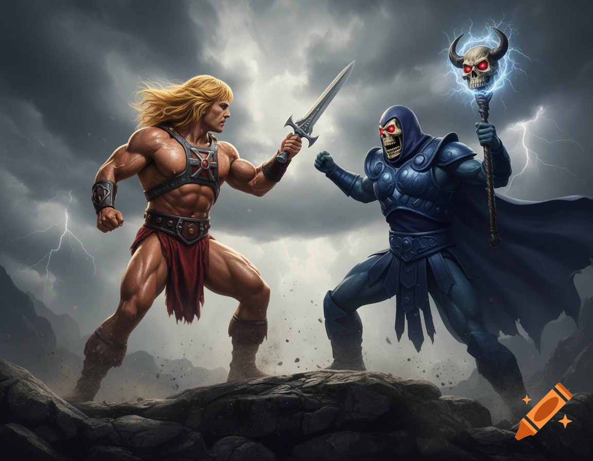 He-Man wields a sword against Skeletor's skull-topped staff, battling on rocky terrain under a stormy, lightning-filled sky.