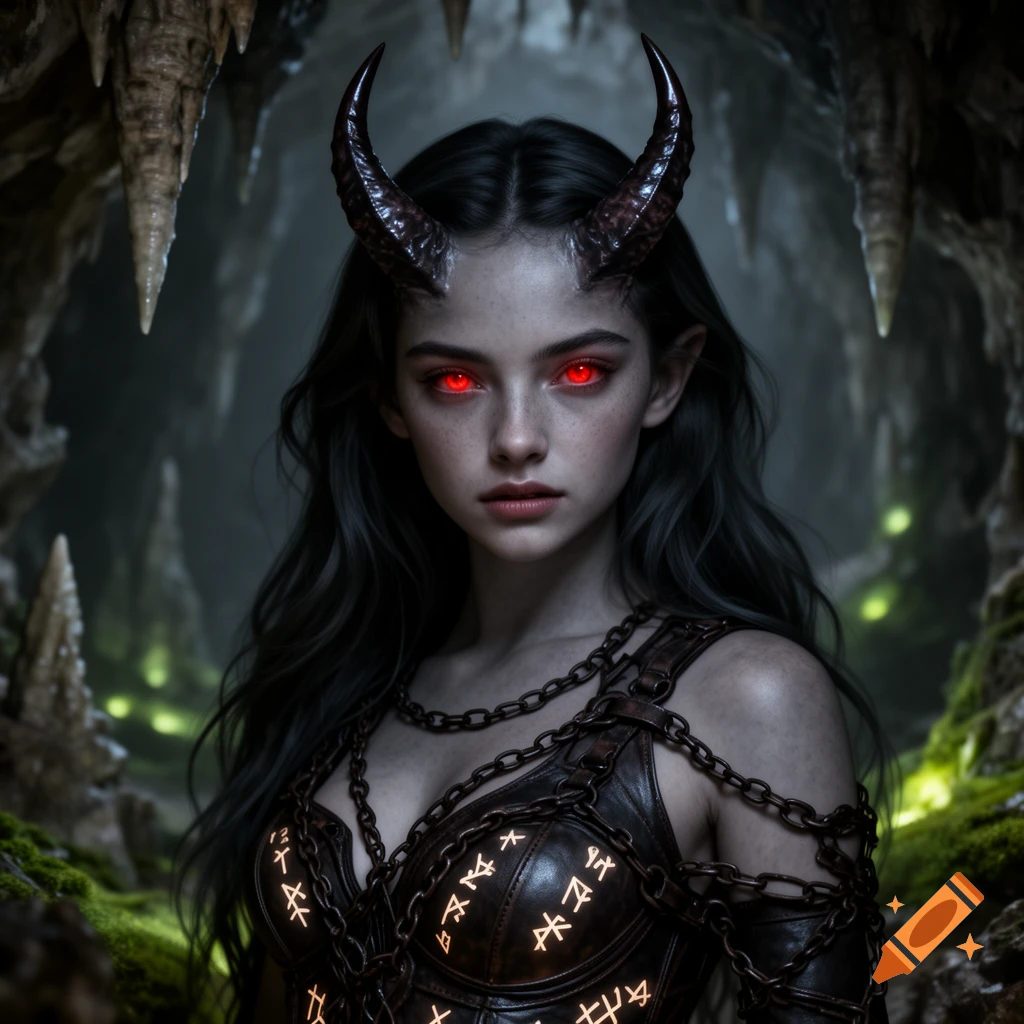 A dark fantasy portrait of a demon girl with horns and glowing red eyes, wearing a leather corset with glowing runes and chains, standing in a cave.
