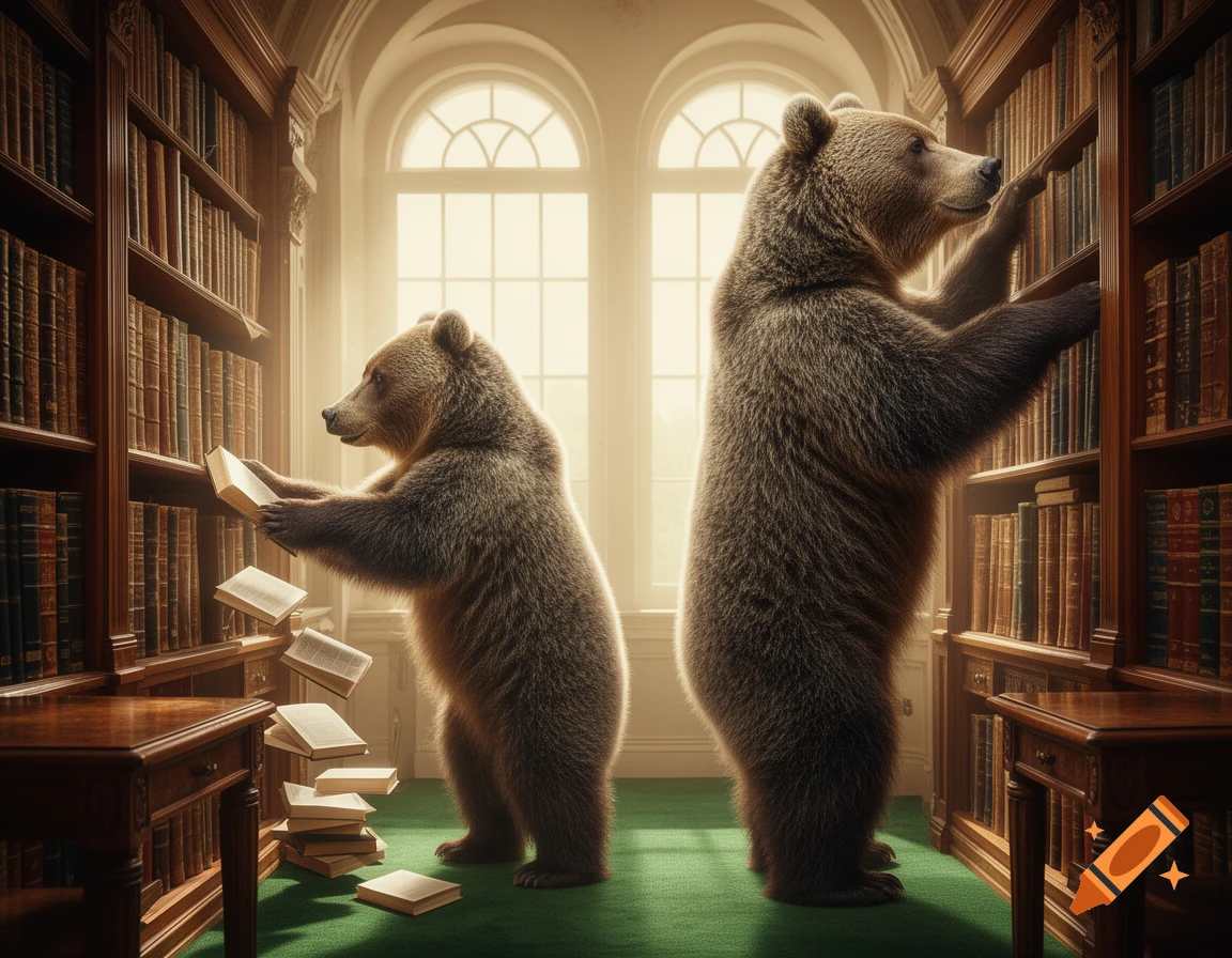 Two photorealistic grizzly bears in a grand library, one pulling books from a shelf as others fall, the other reaching for a book.
