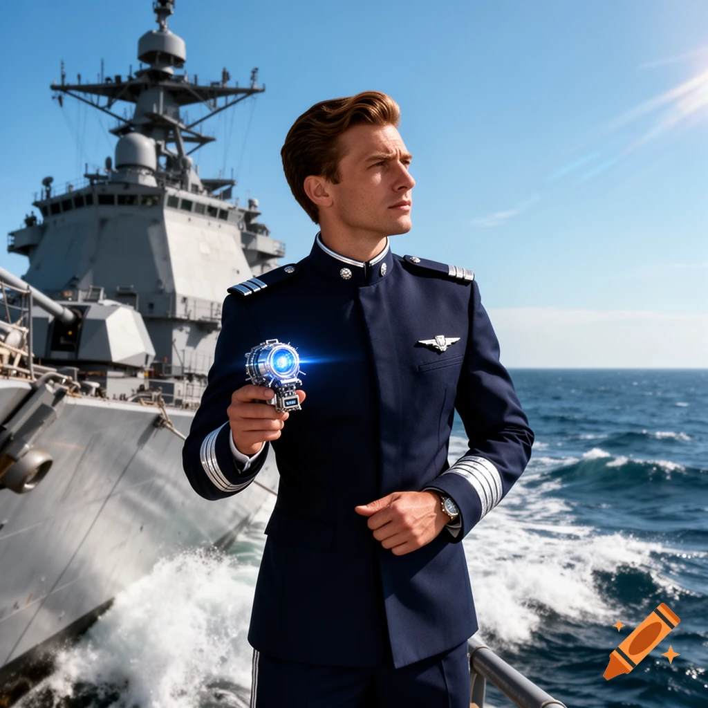 A dashing naval officer with a sci-fi device stands on a warship, looking out to sea under a bright sky.