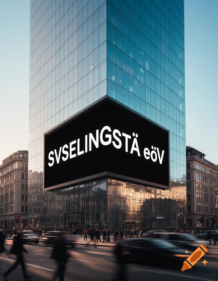 A modern glass skyscraper with a black sign displaying "SVSEELINGSTÄ eöV" overlooks a busy city street with blurred cars and pedestrians.