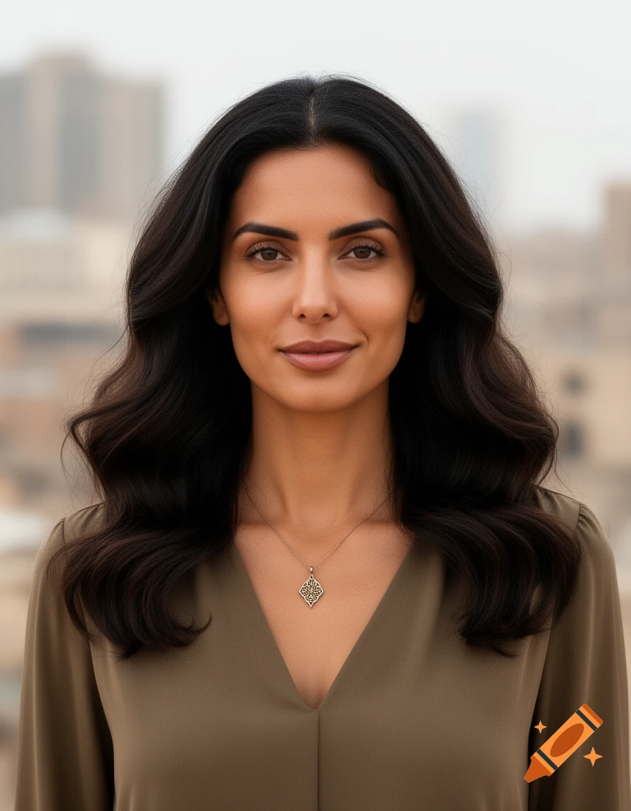 A headshot of a woman with dark wavy hair and tan skin wearing a v-neck top and a small pendant necklace, against a blurred city background.