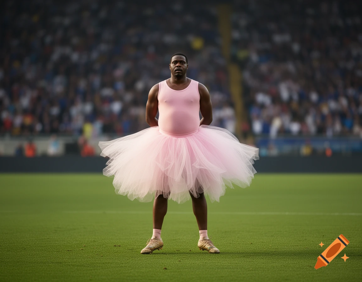 A serious-looking man in a pink tank top and a voluminous pink tutu stands on a green soccer pitch.
