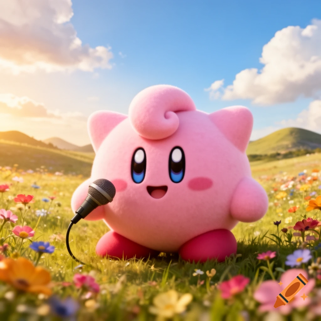 A fluffy pink Jigglypuff-Kirby fusion character holds a microphone in a sunny field of colorful wildflowers.