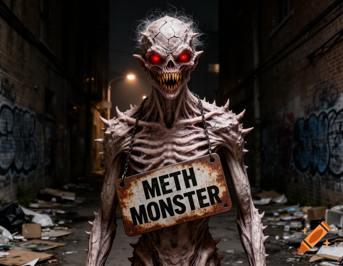 A terrifying, emaciated monster with glowing red eyes and sharp teeth, wearing a sign that says 'METH MONSTER' in a dirty alley.