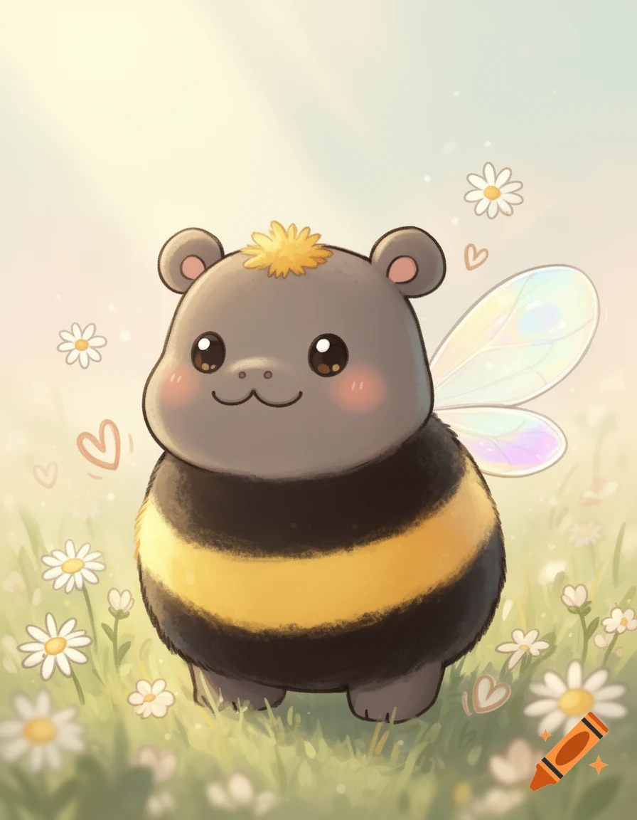 A cute kawaii bee-hippo hybrid stands in a field of white daisies, blushing with delicate iridescent wings.