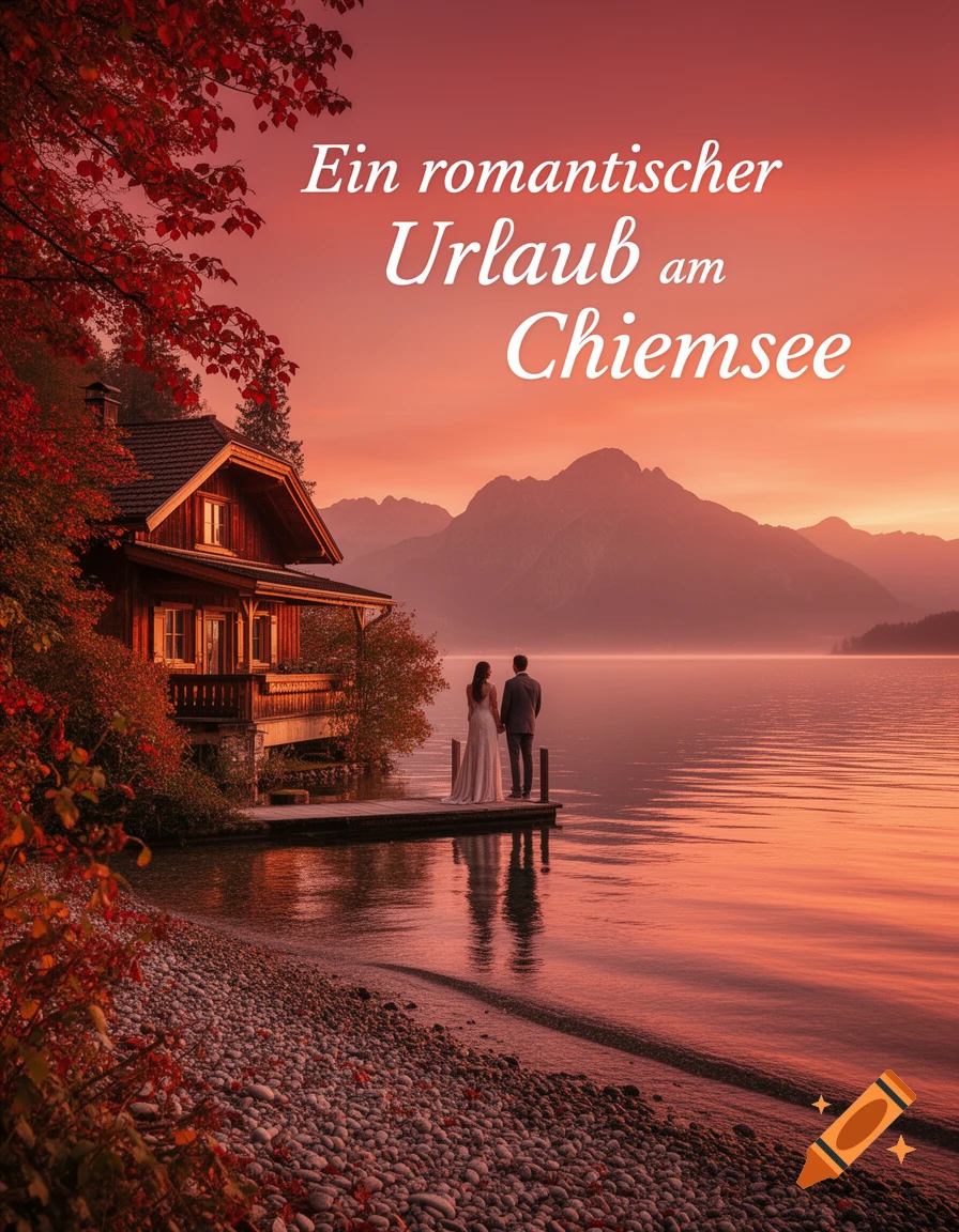 A photorealistic image of a couple standing on a pier overlooking a serene lake and mountains at sunset, with a charming house nestled on the shore. Text: "Ein romantischer Urlaub am Chiemsee"