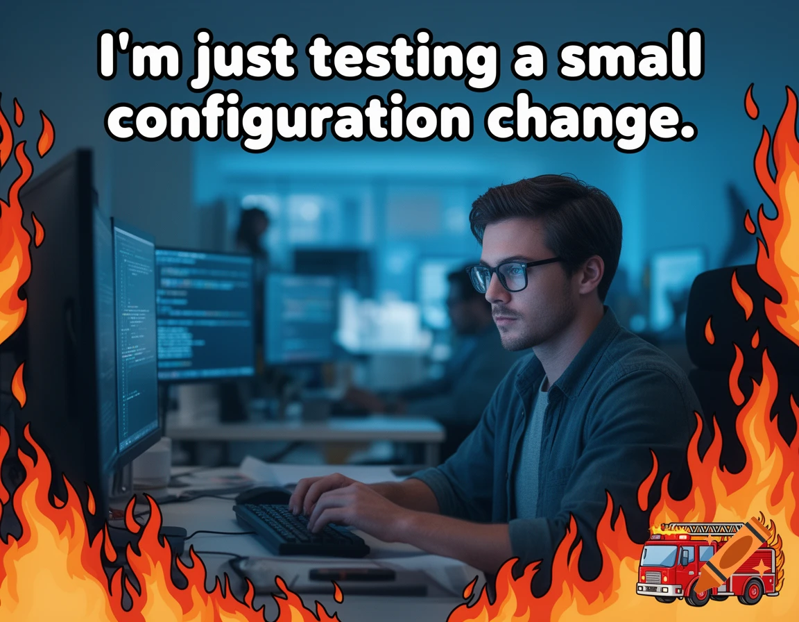 Meme of a man coding at a computer surrounded by flames and a fire truck. Text reads 'I'm just testing a small configuration change.'