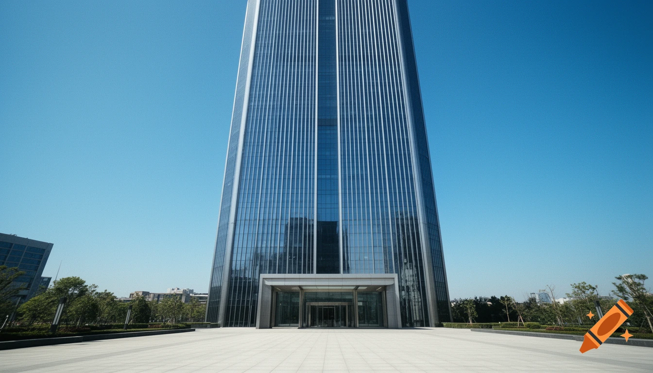 A modern glass skyscraper with sharp vertical lines, viewed from a low angle across a wide plaza under a clear blue sky.