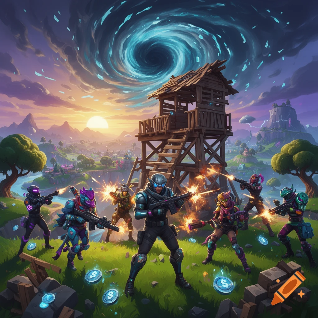 Fortnite-style characters engage in combat around a wooden tower, with a swirling black hole in a vibrant sunset sky.