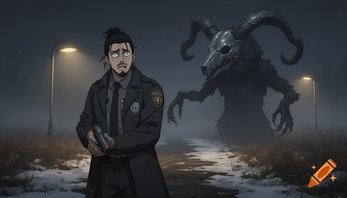 An anime-style police officer with a gun looks terrified as a shadowy, horned wolf-skull creature emerges from the fog in a snowy, desolate landscape at night.