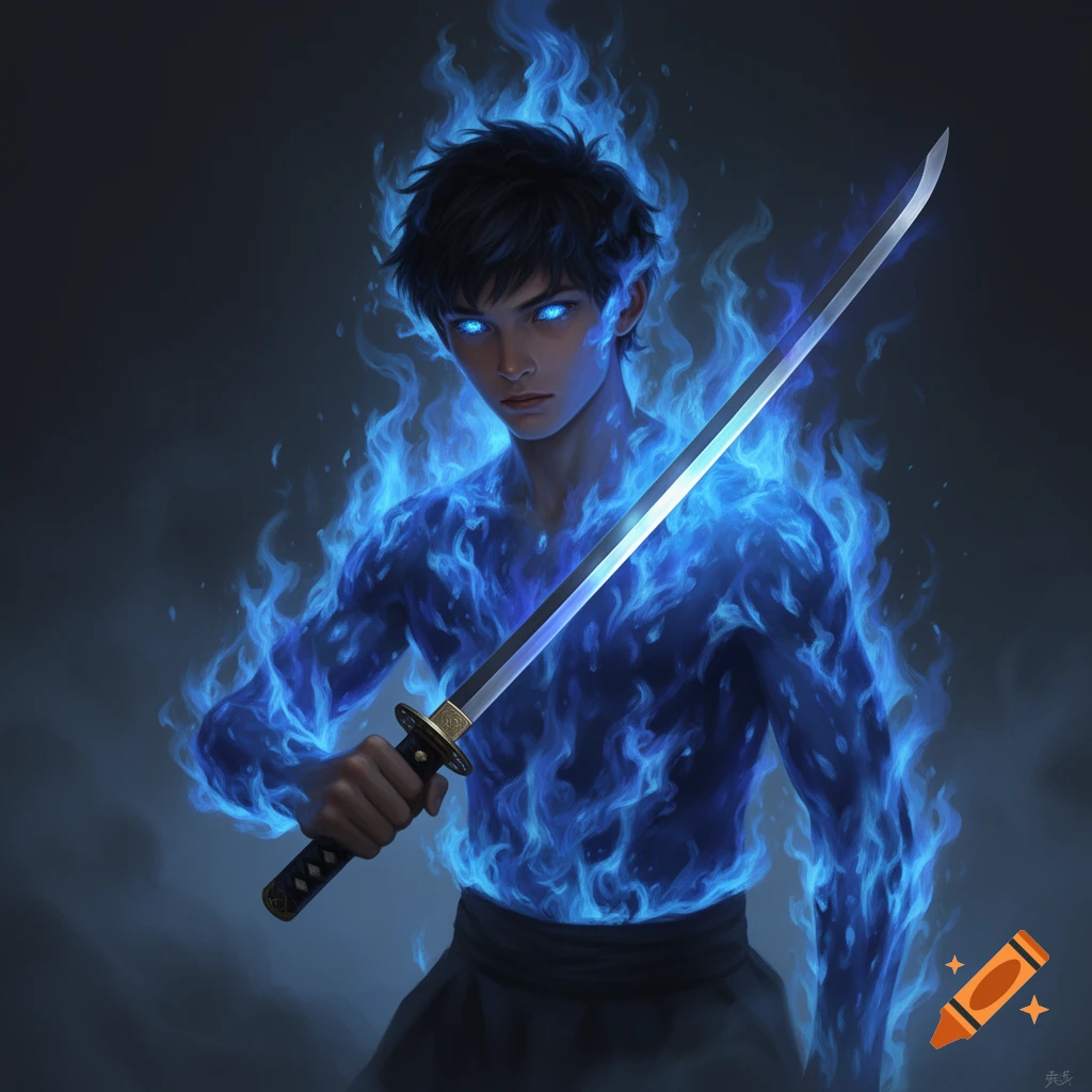 A young warrior with glowing blue eyes and blue flames engulfing his body, holding a katana in a dark, stylized setting.