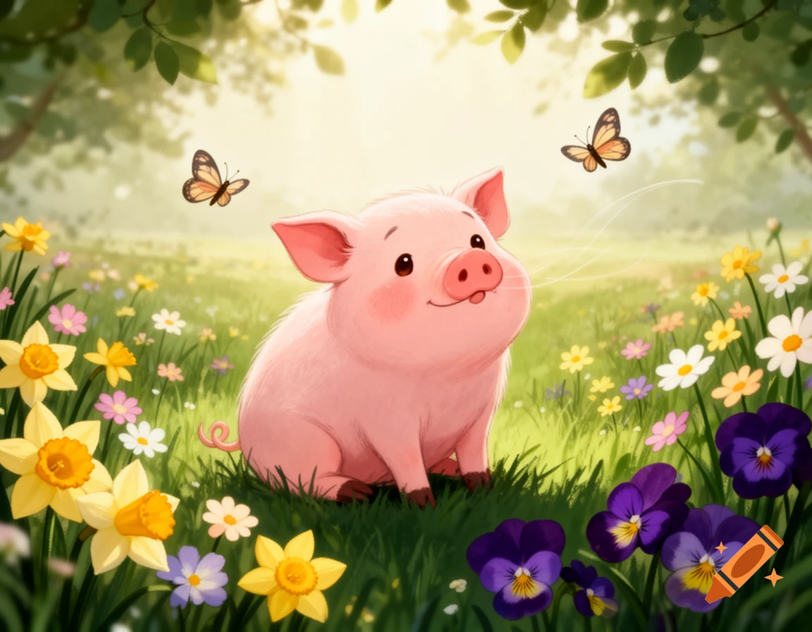 A cute, smiling pink cartoon pig sits in a vibrant flower meadow, looking up at two butterflies. The meadow is filled with yellow daffodils, purple pansies, and white and pink flowers, under a bright, sunny sky with green leaves overhead.
