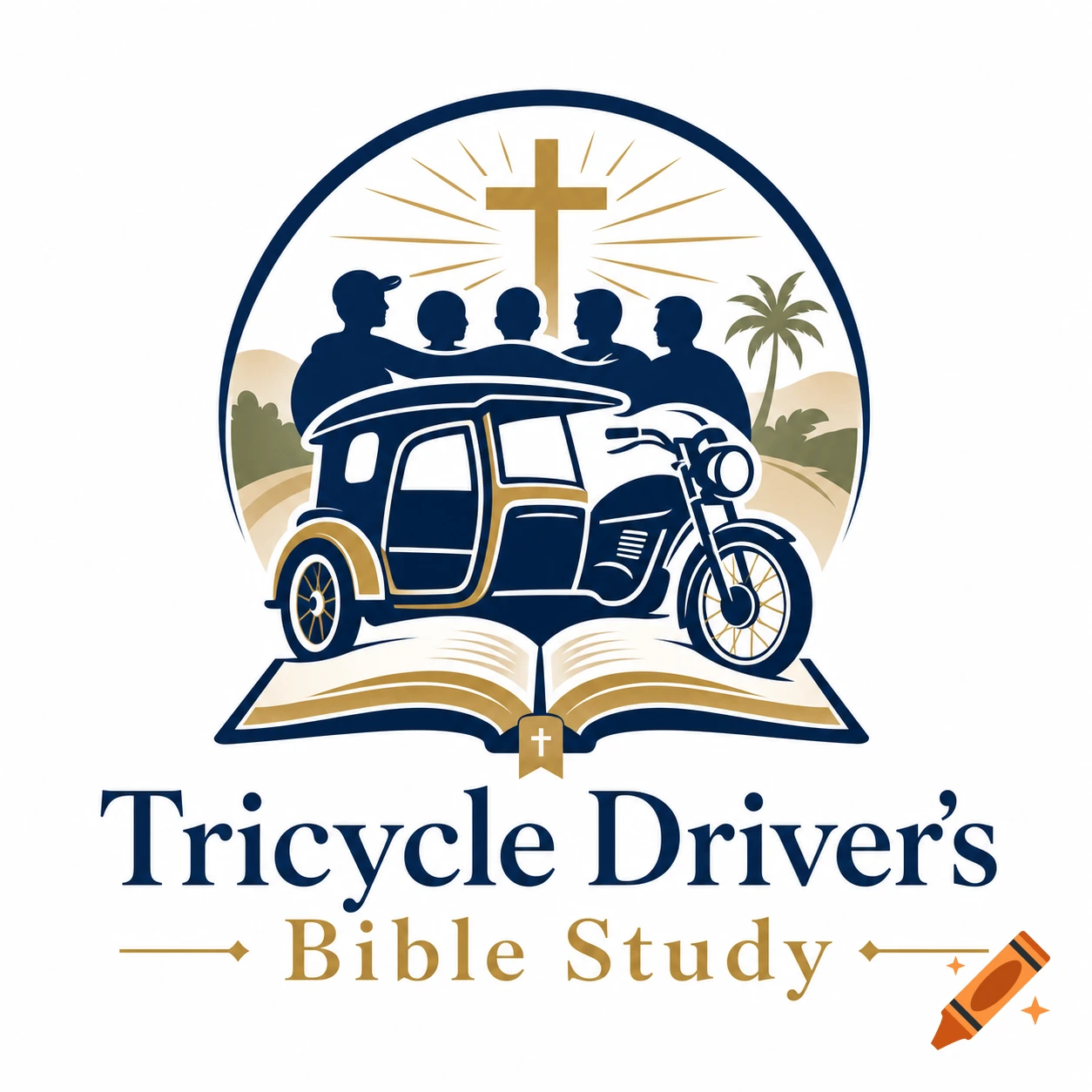 Stylized logo for 'Tricycle Driver's Bible Study' with a tricycle, passengers, open bible, cross, and palm tree.