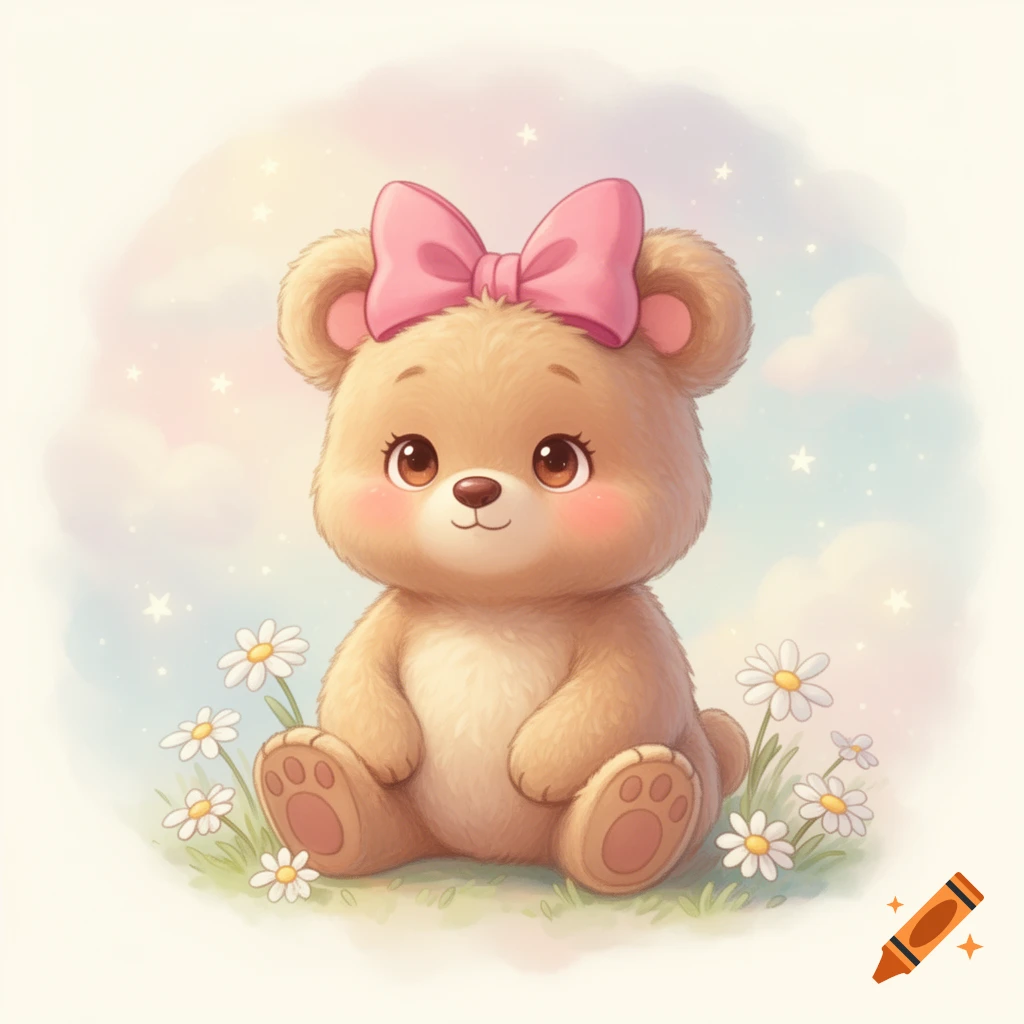 A cute watercolor cartoon bear with a pink bow sits in grass among white daisies, against a pastel sky with stars.