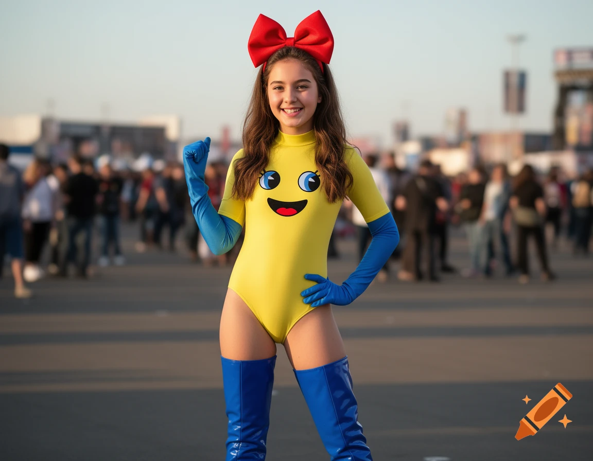 A smiling girl in a yellow Ms. Pac-Man bodysuit with blue gloves and boots, and a red bow, poses outdoors.