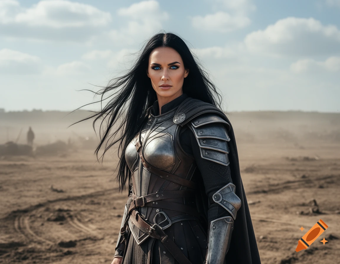 Hyperrealistic portrait of a warrior woman with long black hair and blue eyes in intricate metal armor, standing in a barren desert.