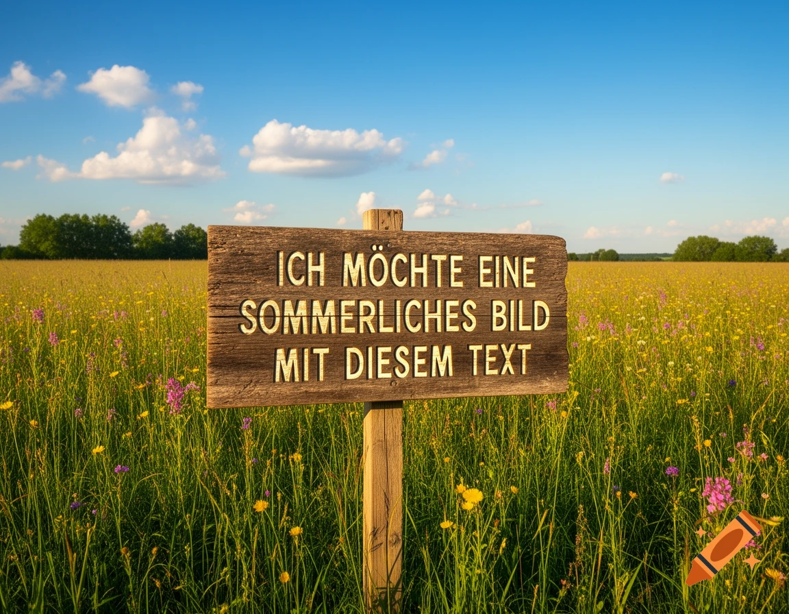 Photorealistic image of a wooden sign with German text standing in a vibrant field of wildflowers under a bright blue sky.