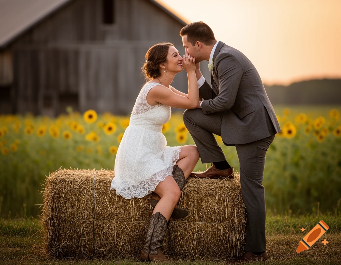 Bride in white dress and cowboy boots on hay bale, groom kisses her hand in a sunflower field at sunset.