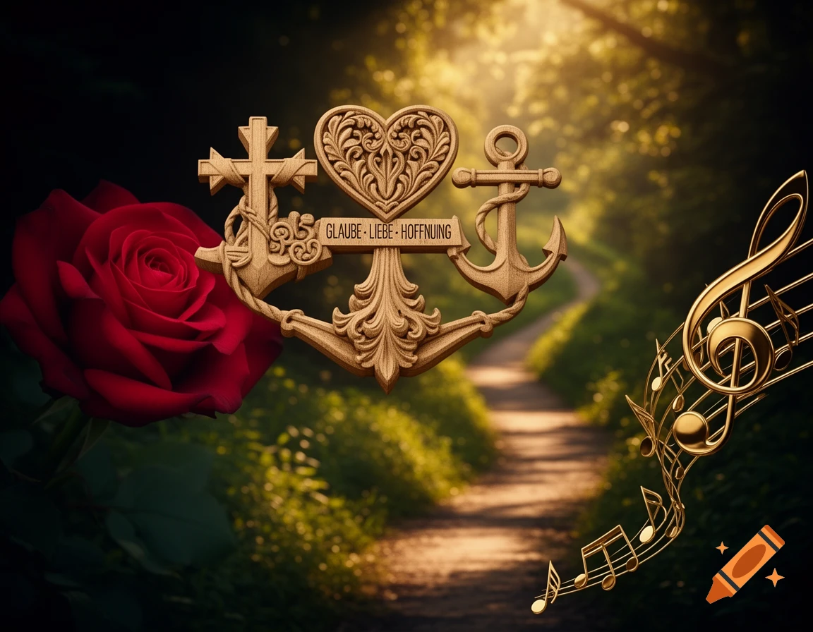 Ornate wooden cross, heart, anchor, red rose, and golden music notes against a sunlit forest path with 'Glaube Liebe Hoffnung'.