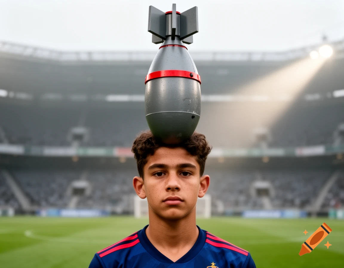 A young male soccer player with a grey bomb balanced on his head, standing on a stadium field, photorealistic.