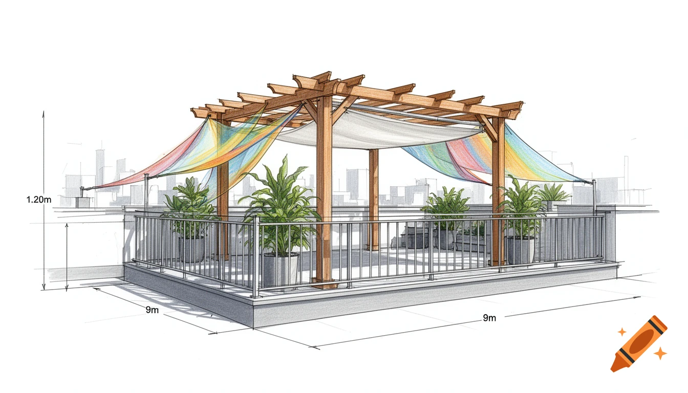 A detailed sketch of a rooftop terrace with a wooden pergola, colorful sun sails, potted plants, and a metal railing. Dimensions are marked.
