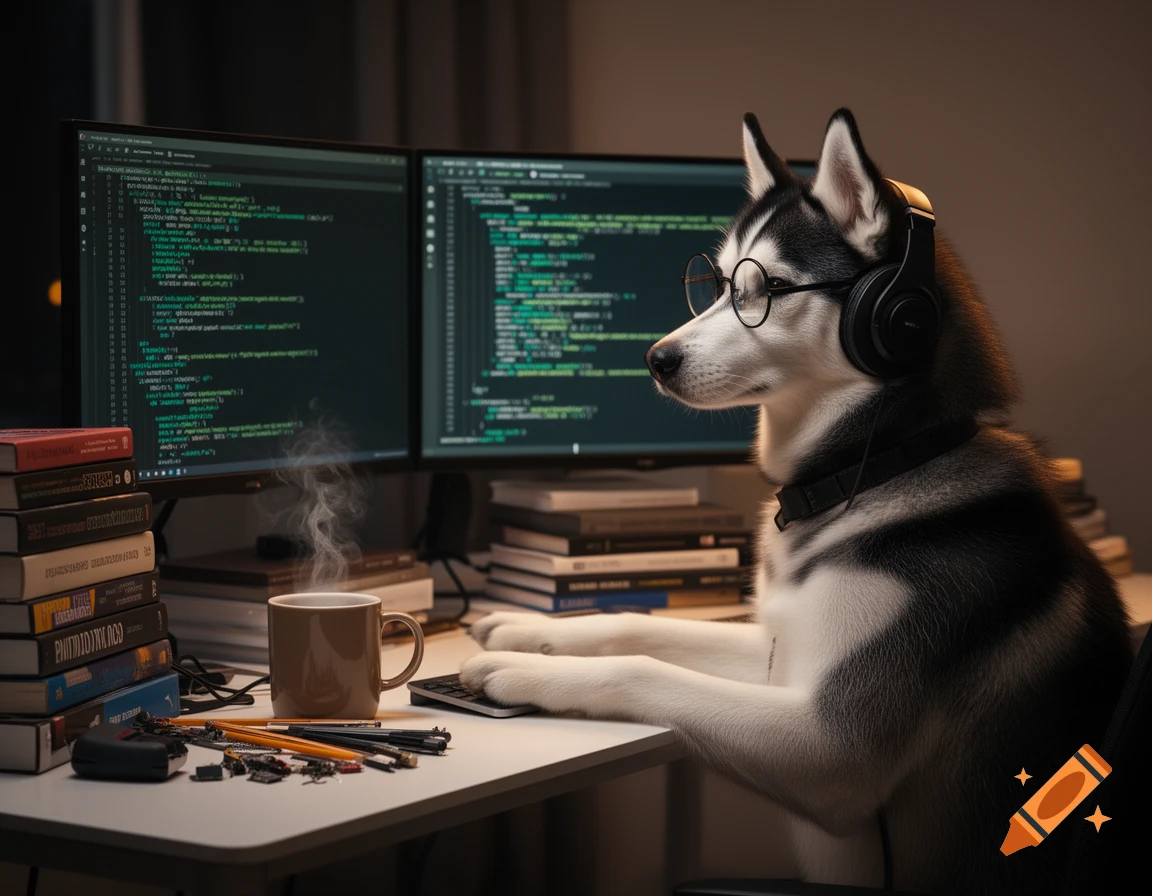 A husky dog wearing glasses and headphones sits at a desk with dual monitors displaying code, books, and a steaming coffee mug.