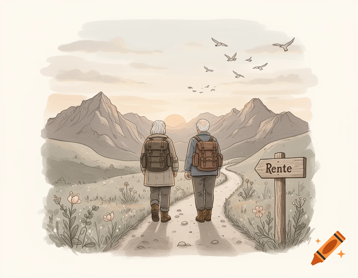 An illustrated elderly couple with backpacks walks on a mountain path towards a sunset, a sign pointing to 'Rente'.