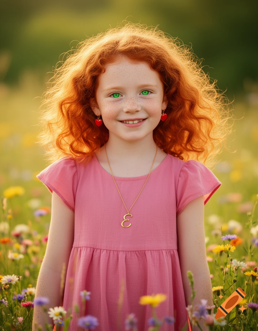 Photorealistic portrait of a smiling red-haired girl with green eyes and freckles, wearing a pink dress and an 'E' necklace, standing in a vibrant flower field.