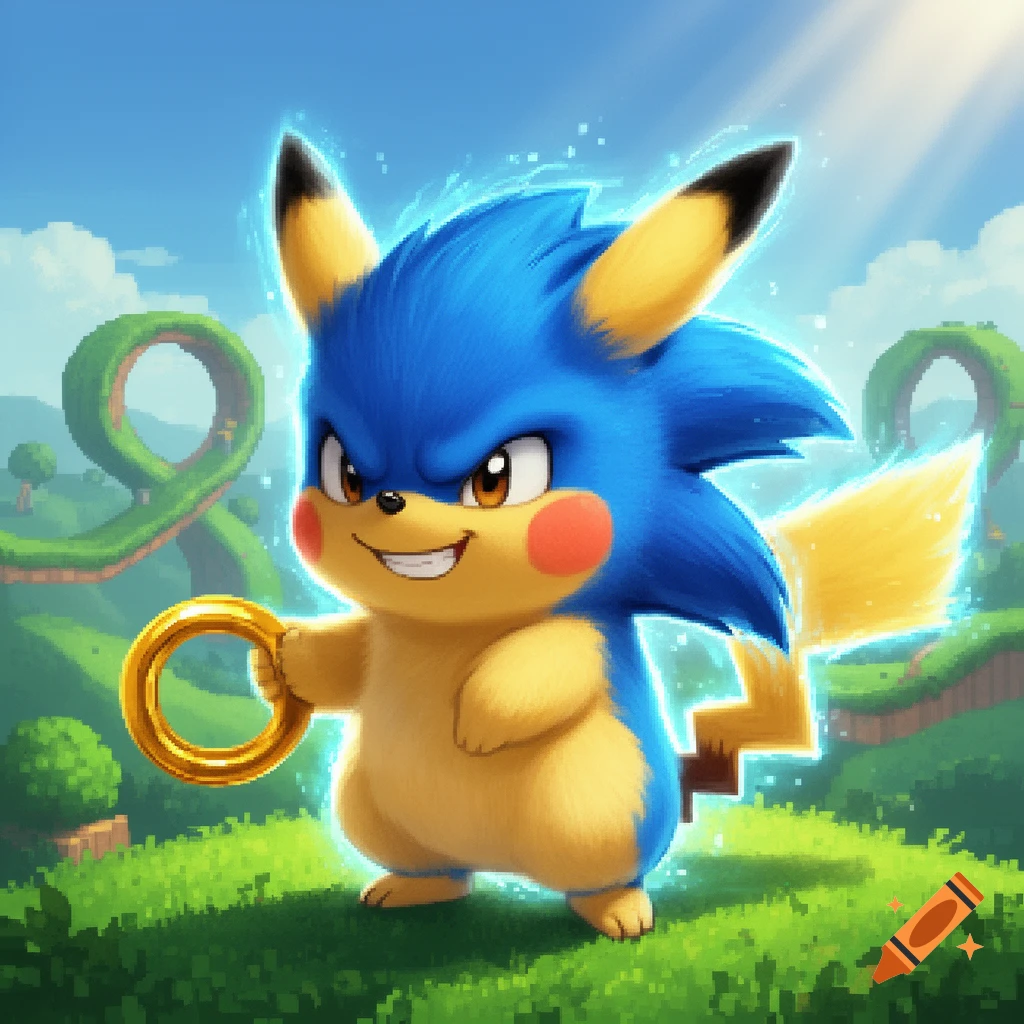 A cute cartoon hybrid character, part Pikachu and part Sonic the Hedgehog, stands in a green, pixelated landscape, holding a golden ring.