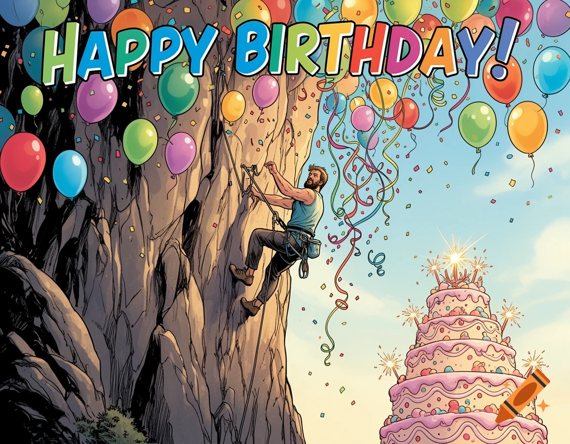 Comic art of a man rock climbing amidst colorful balloons, confetti, and a large 'HAPPY BIRTHDAY!' sign, with a birthday cake below.