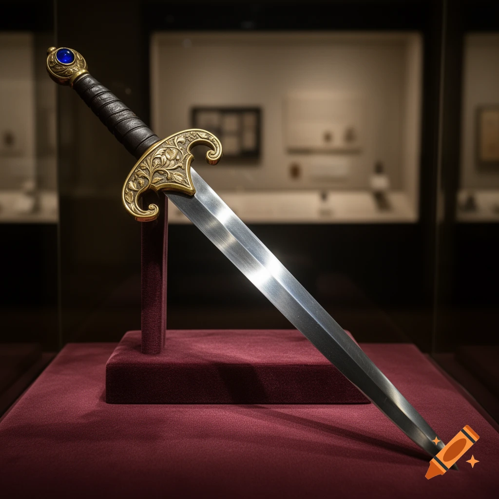 An ornate sword with a gold hilt, blue pommel gem, and reflective blade displayed on a red velvet stand in a museum.