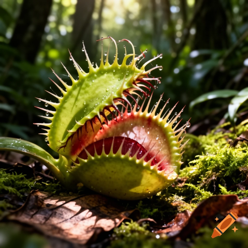 A close-up, photorealistic shot of an open Venus flytrap on a mossy forest floor, glistening with water droplets and illuminated by sunlight.