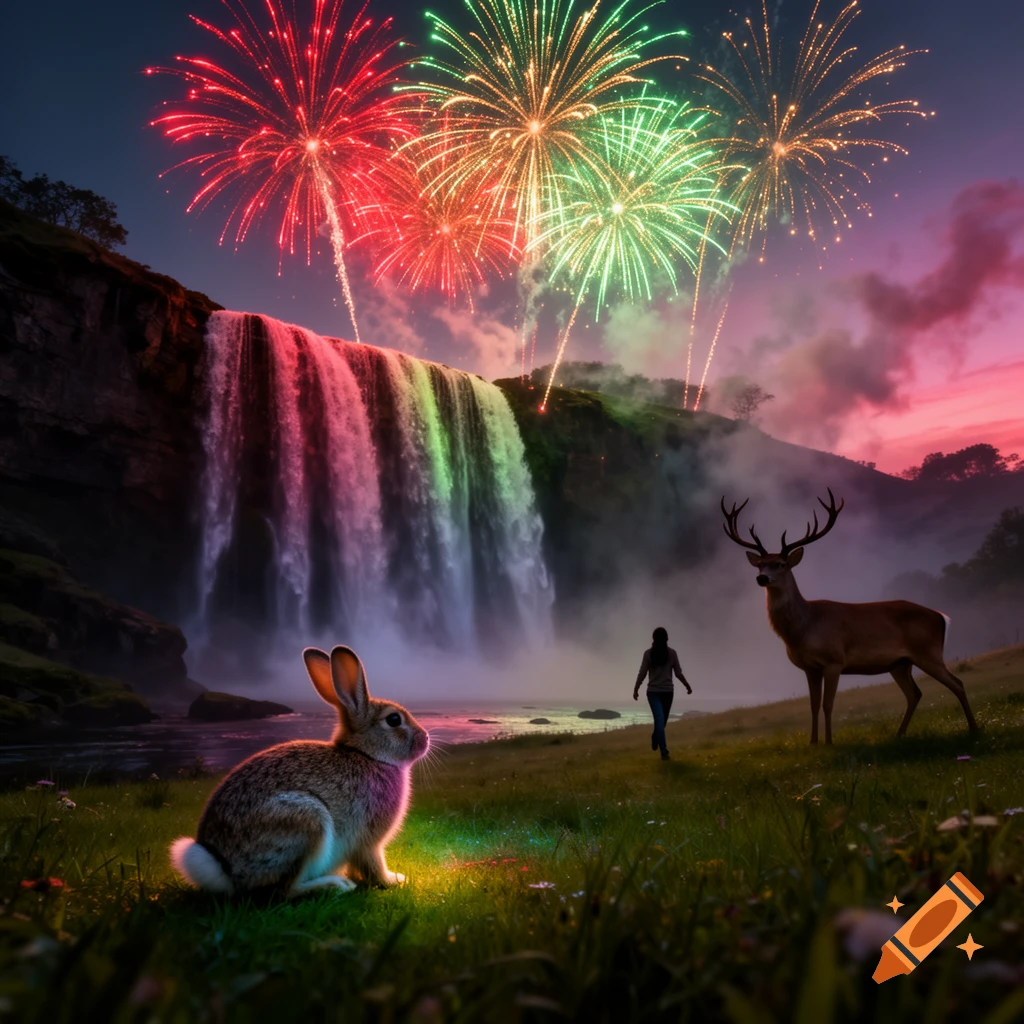A glowing rabbit and a deer stand in a grassy field with a person near a waterfall, illuminated by colorful fireworks in the night sky.