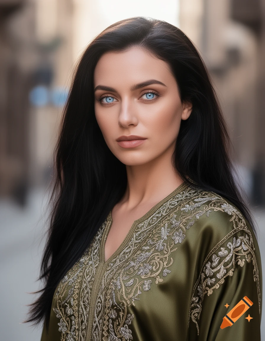 Photorealistic portrait of a woman with long black hair and striking blue eyes, wearing a richly embroidered olive green kaftan, standing on a blurred street.