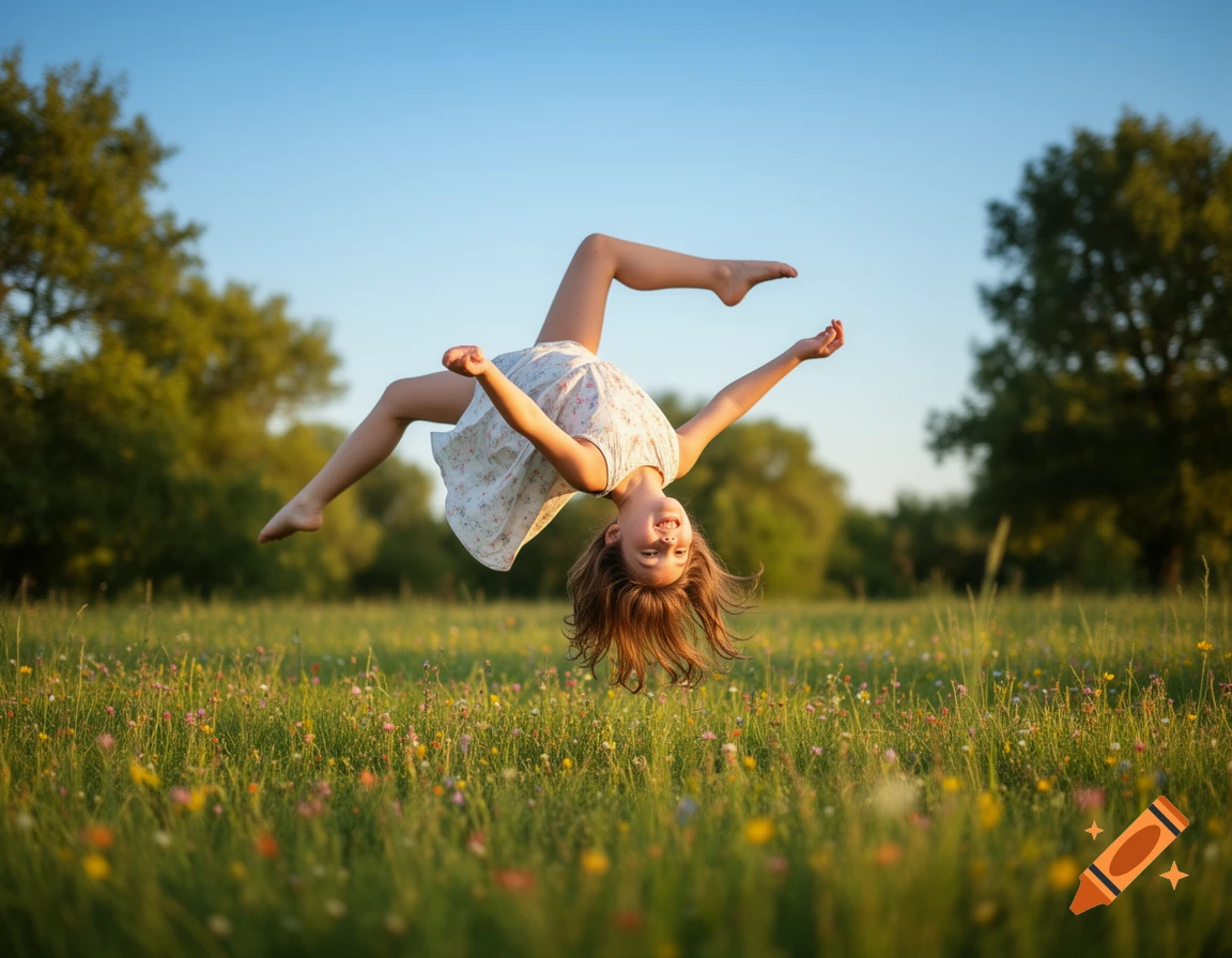 A young girl in a white dress is captured mid-air, upside down, doing a cartwheel in a sunny grassy field with wildflowers.