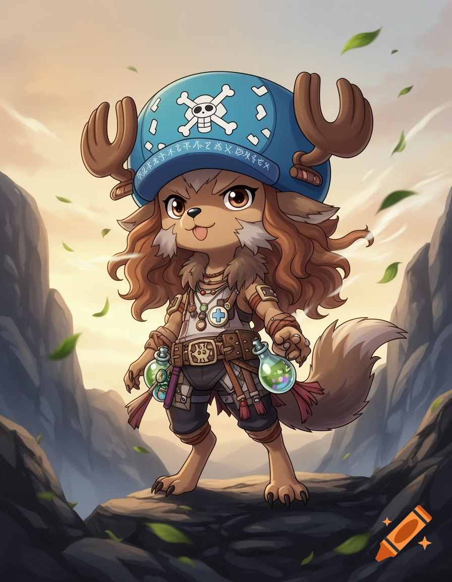 An adorable anime-style anthropomorphic animal character, a Chopper/Naafiri hybrid, wearing a blue helmet and holding vials, stands on a rocky mountain.