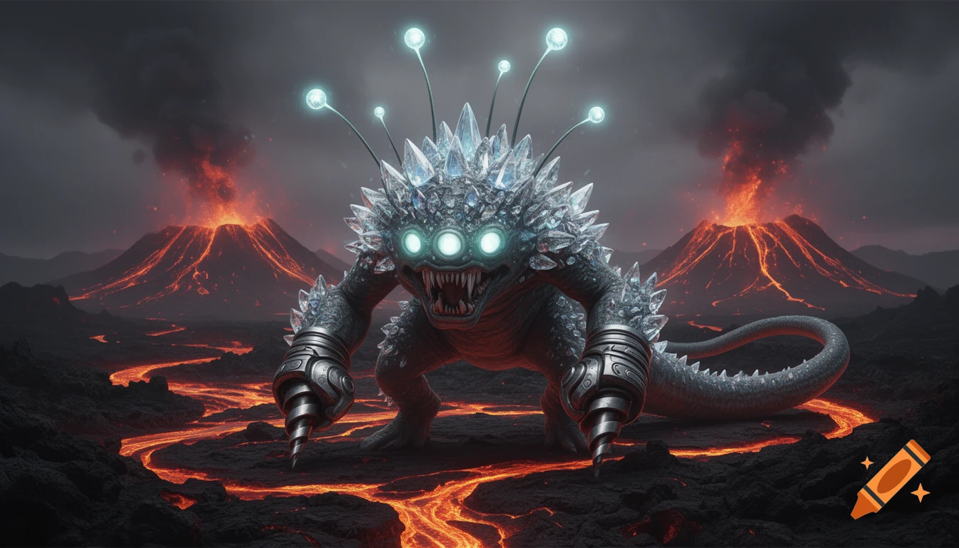 A hyper-realistic alien creature with glowing eyes, crystalline spikes, and drill-like hands stands on a volcanic lava landscape with erupting volcanoes.