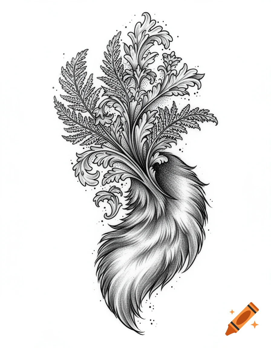 Black and grey tattoo design with botanical leaves, ferns, and acanthus transitioning into soft animal fur texture, in a fine-line dotwork style.